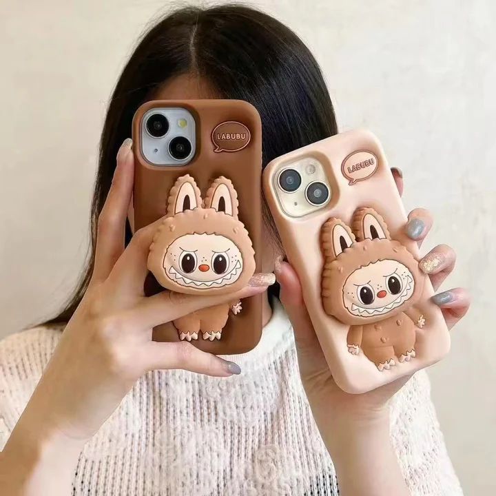 3D LabubuPhone Holder Brown Beige Trending Shockproof Rubber Silicone iPhone Case