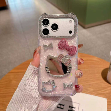 Dreamy Kitty Bow Series Case - Premium Jeweled Mirror Design with Diamond Camera Guard