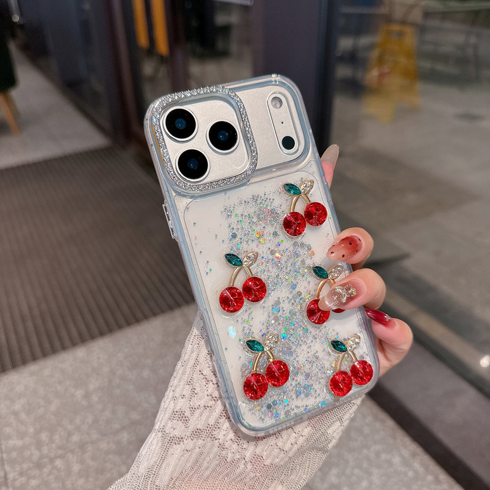 Red Cherry Crystal Phone Case - Luxury Glitter Liquid & Diamond Camera Lens Case