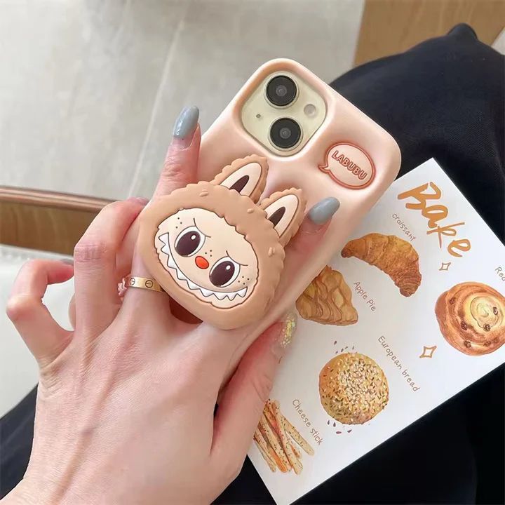 3D LabubuPhone Holder Brown Beige Trending Shockproof Rubber Silicone iPhone Case