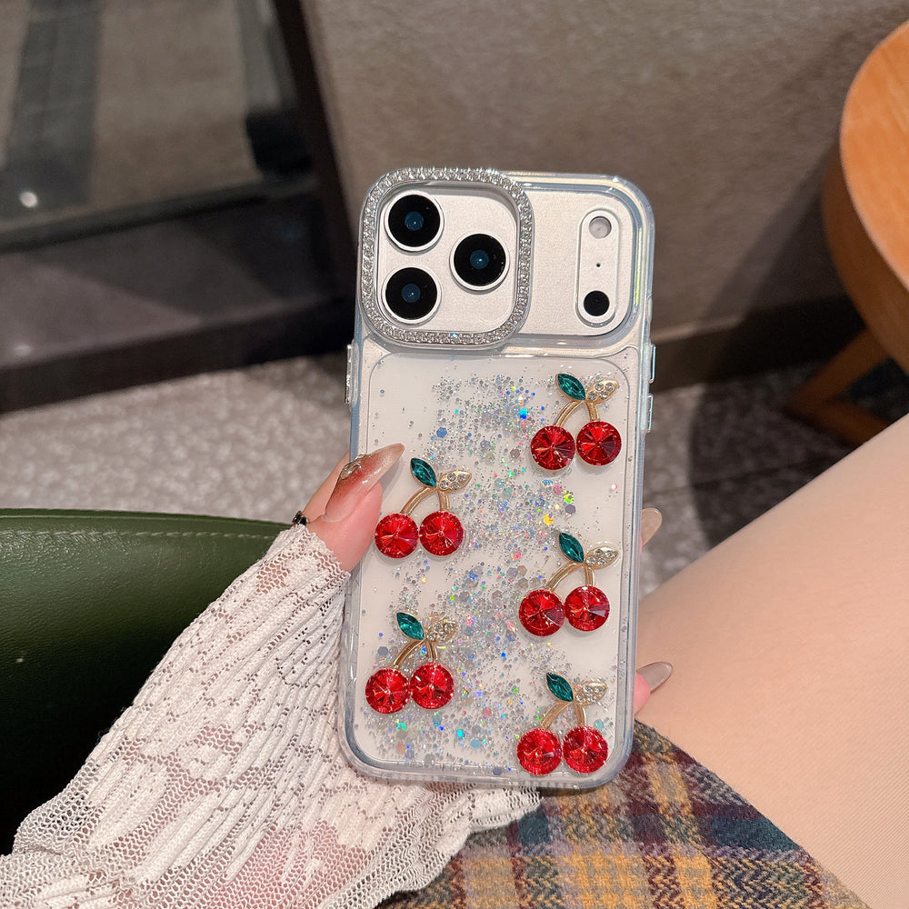 Red Cherry Crystal Phone Case - Luxury Glitter Liquid & Diamond Camera Lens Case