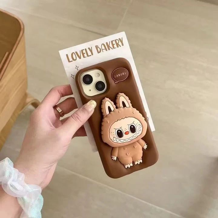 3D LabubuPhone Holder Brown Beige Trending Shockproof Rubber Silicone iPhone Case