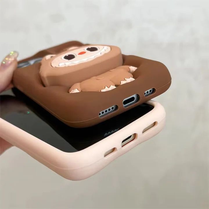 3D LabubuPhone Holder Brown Beige Trending Shockproof Rubber Silicone iPhone Case