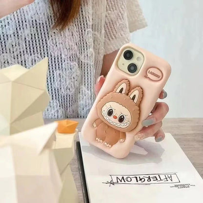 3D LabubuPhone Holder Brown Beige Trending Shockproof Rubber Silicone iPhone Case