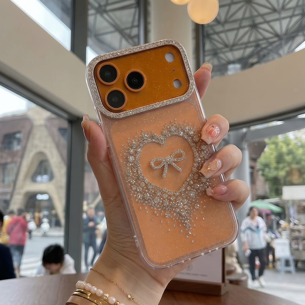 Stardust Heart Shimmer Case Luxury Orange Ribbon & Glitter Shield