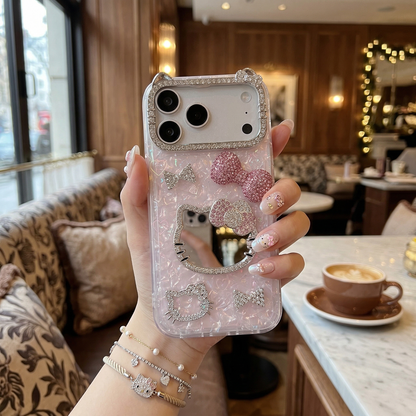 Dreamy Kitty Bow Series Case - Premium Jeweled Mirror Design with Diamond Camera Guard