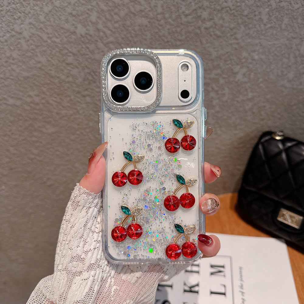 Red Cherry Crystal Phone Case - Luxury Glitter Liquid & Diamond Camera Lens Case