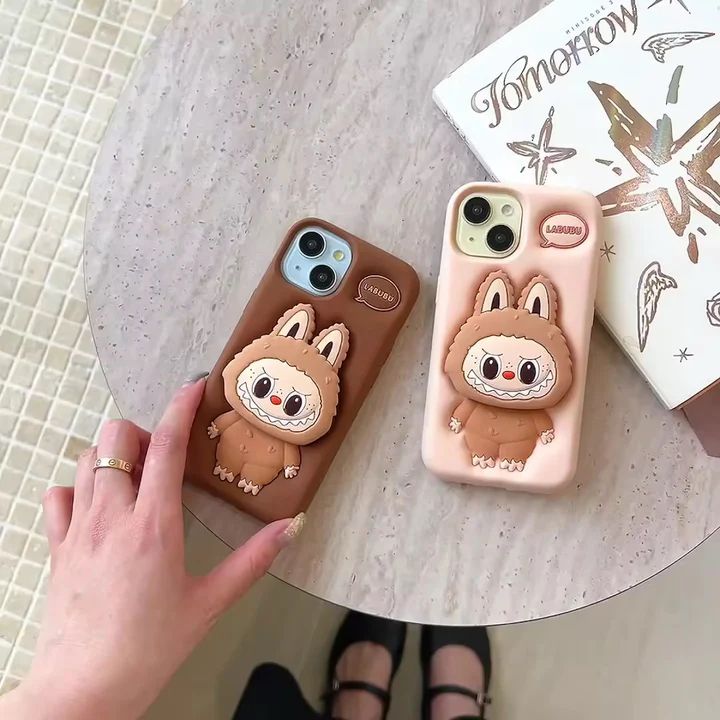 3D LabubuPhone Holder Brown Beige Trending Shockproof Rubber Silicone iPhone Case