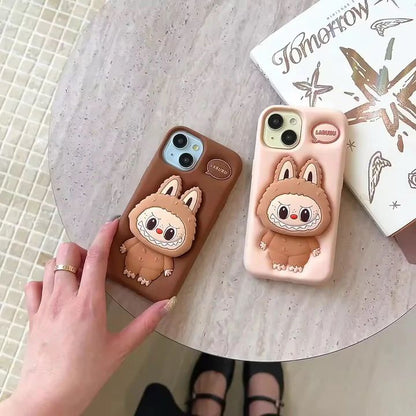 3D LabubuPhone Holder Brown Beige Trending Shockproof Rubber Silicone iPhone Case