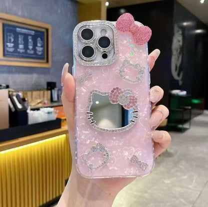 Dreamy Kitty Bow Series Case - Premium Jeweled Mirror Design with Diamond Camera Guard