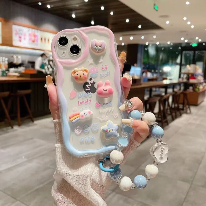 3D Cute Pink Blue Bumper Case Wave Transparent Cartoon Melody Lanyard iPhone Soft Case