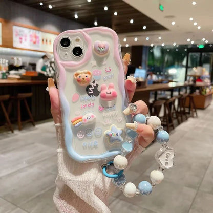 3D Cute Pink Blue Bumper Case Wave Transparent Cartoon Melody Lanyard iPhone Soft Case