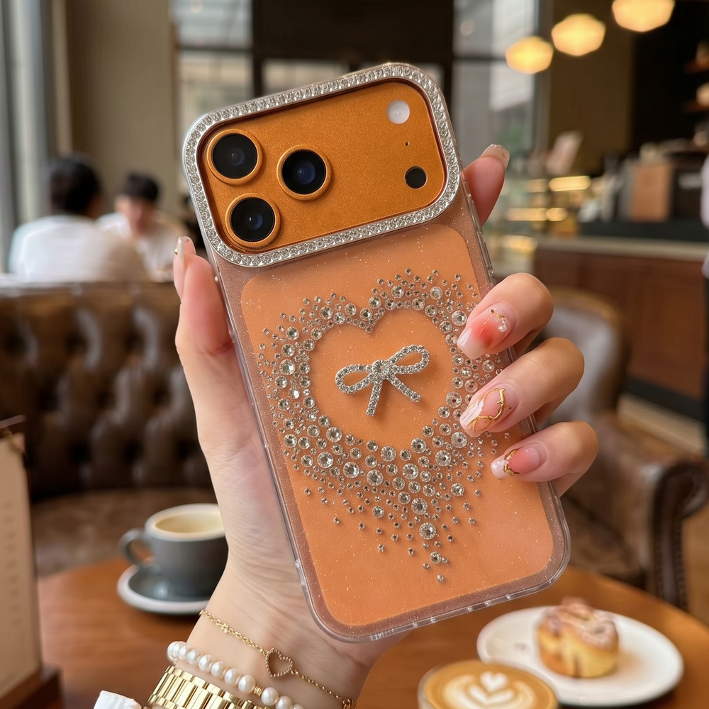 Stardust Heart Shimmer Case Luxury Orange Ribbon & Glitter Shield